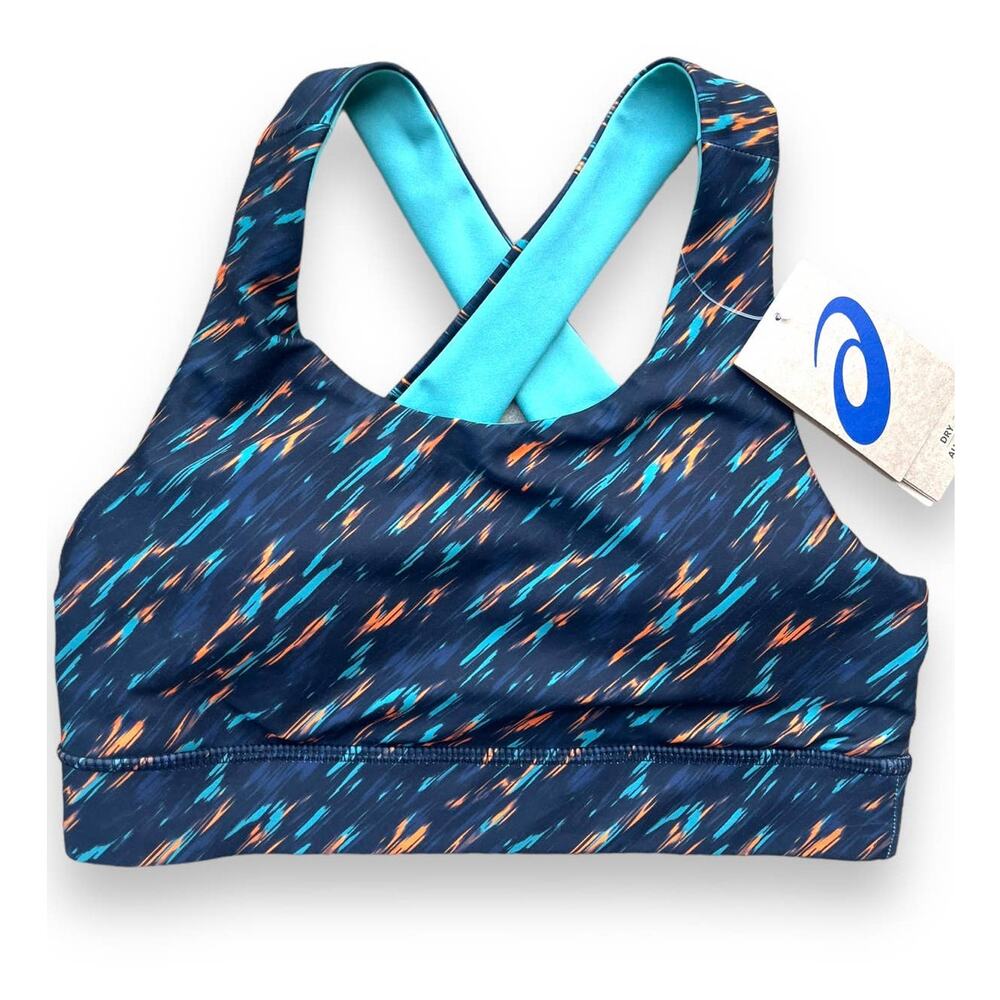 Asics Navy Blue Teal Orange Patterned Crossback Sports Bra